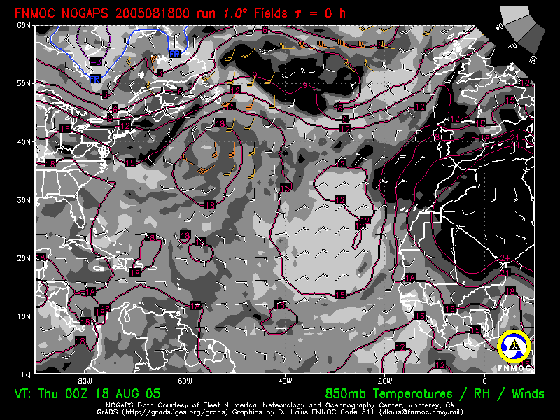 product: 850 hPa Temperature [C], winds [kts] and Rel. Hum. [%], area: Atlantic, tau: 000 